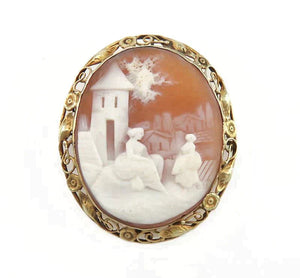 Vintage/Antique 14K Yellow Gold & Carved Shell Cameo Landscape Pin/Brooch