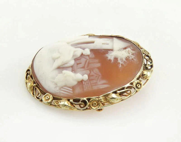 Vintage/Antique 14K Yellow Gold & Carved Shell Cameo Landscape Pin/Brooch