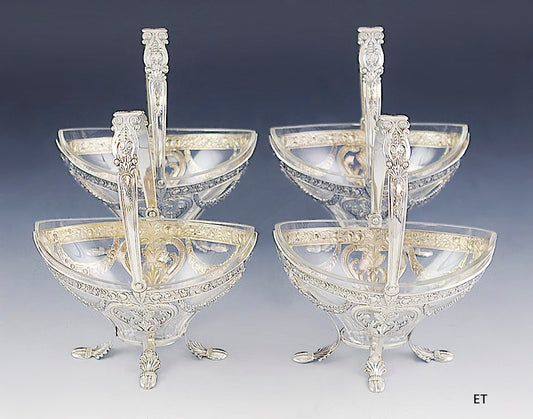 4 Antique German Silver Plate Glass Liner Baskets Renaissance Style