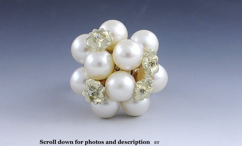 Pearl & Diamond Floral 10K Yellow Gold Cluster Ring Size 8
