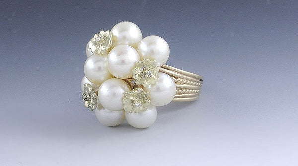 Pearl & Diamond Floral 10K Yellow Gold Cluster Ring Size 8