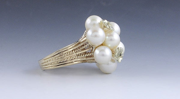 Pearl & Diamond Floral 10K Yellow Gold Cluster Ring Size 8