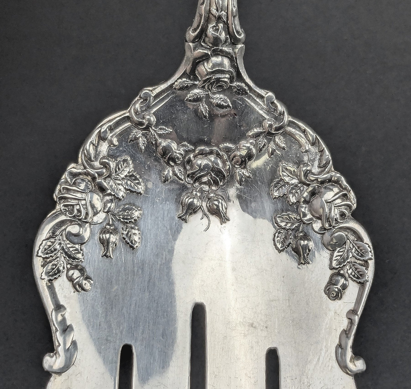 Gorgeous Durgin Marechal Niel Sterling Silver Serving Fork Roses S Mono 9 1/4"