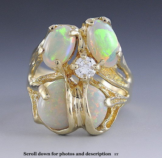 Stunning Modern Fiery Opal Diamond & 14k Yellow Gold Ring Size 10