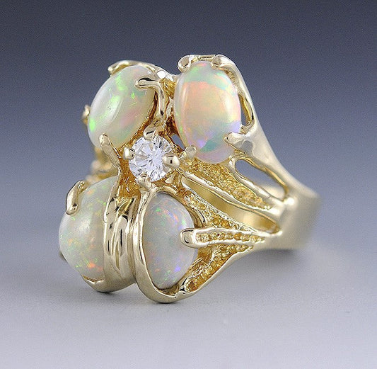 Stunning Modern Fiery Opal Diamond & 14k Yellow Gold Ring Size 10