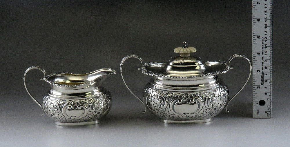 4pc Barker Bros 1950 English Sterling Silver Victorian Style Coffee Tea Set