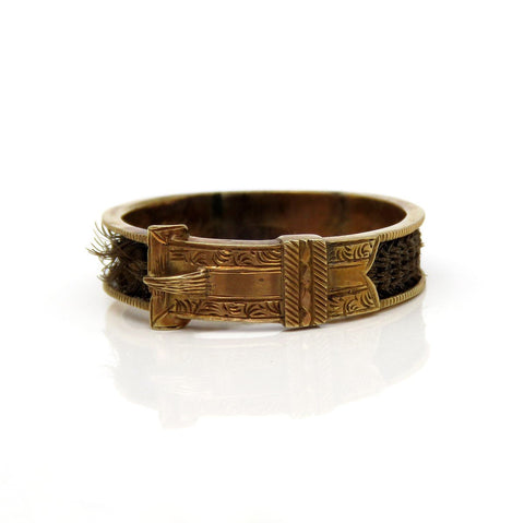 Rare c1830s Victorian 10k Gold Belt Buckle Form Hair Mourning Memorial Ring