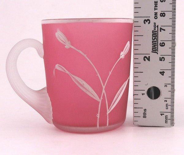 Antique Victorian c1870 Pink Painted Flower Frosted Art Glass Cup or Mug