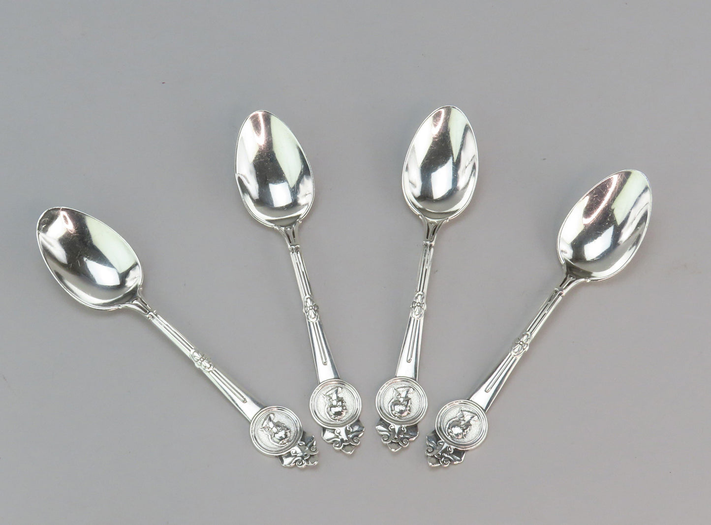 4 Crisp Gorham Medallion pattern Sterling Silver Teaspoons