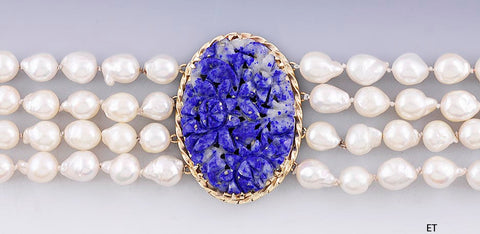 Beautiful Baroque Pearl 14K Gold & Lapis Lazuli 4 Strand Necklace