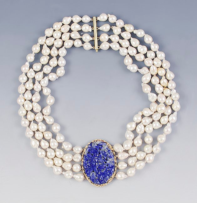 Beautiful Baroque Pearl 14K Gold & Lapis Lazuli 4 Strand Necklace