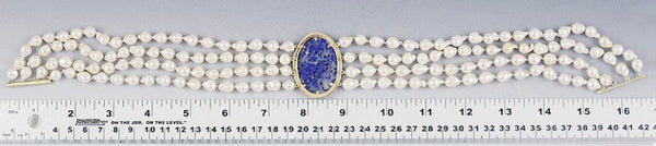 Beautiful Baroque Pearl 14K Gold & Lapis Lazuli 4 Strand Necklace