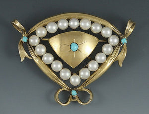 Victorian Style 14k Gold Turquoise Pearl Pin Brooch