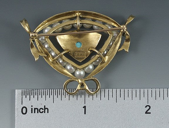 Victorian Style 14k Gold Turquoise Pearl Pin Brooch