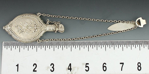 1890s German Silver Decorative Perfume Bottle w Chatelaine Hook & Chain