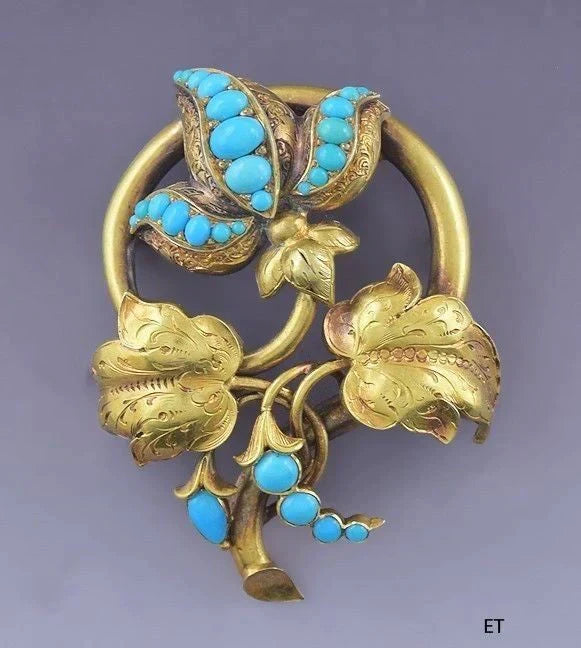 Victorian 18K Yellow Gold Natural Turquoise Leaf Form Brooch/Pin