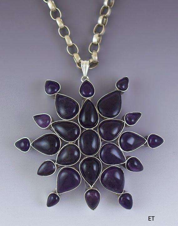 Impressive Mexican? Sterling Silver & Amethyst Pendant Necklace HUGE Size