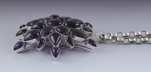 Impressive Mexican? Sterling Silver & Amethyst Pendant Necklace HUGE Size