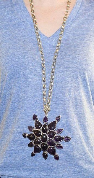 Impressive Mexican? Sterling Silver & Amethyst Pendant Necklace HUGE Size