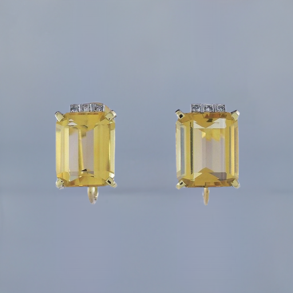 Beautiful Pair Retro 18k Gold Citrine & Diamond Screwback Earrings