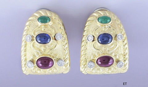 Fabulous Pair 18k Gold ~.5ct Diamond Sapphire Ruby & Emerald Earrings
