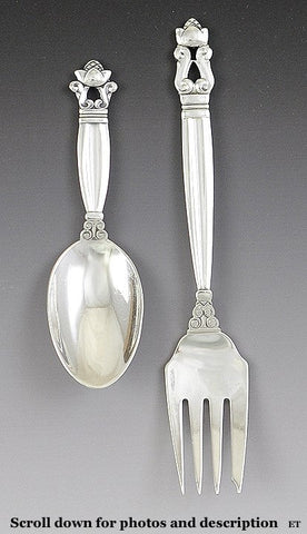 Fine Georg Jensen Acorn Sterling Silver Pastry Fork and Youth Spoon