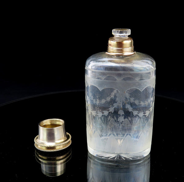 1926 English Sterling Silver Gilt Cut Frosted Glass Dresser Perfume Bottle