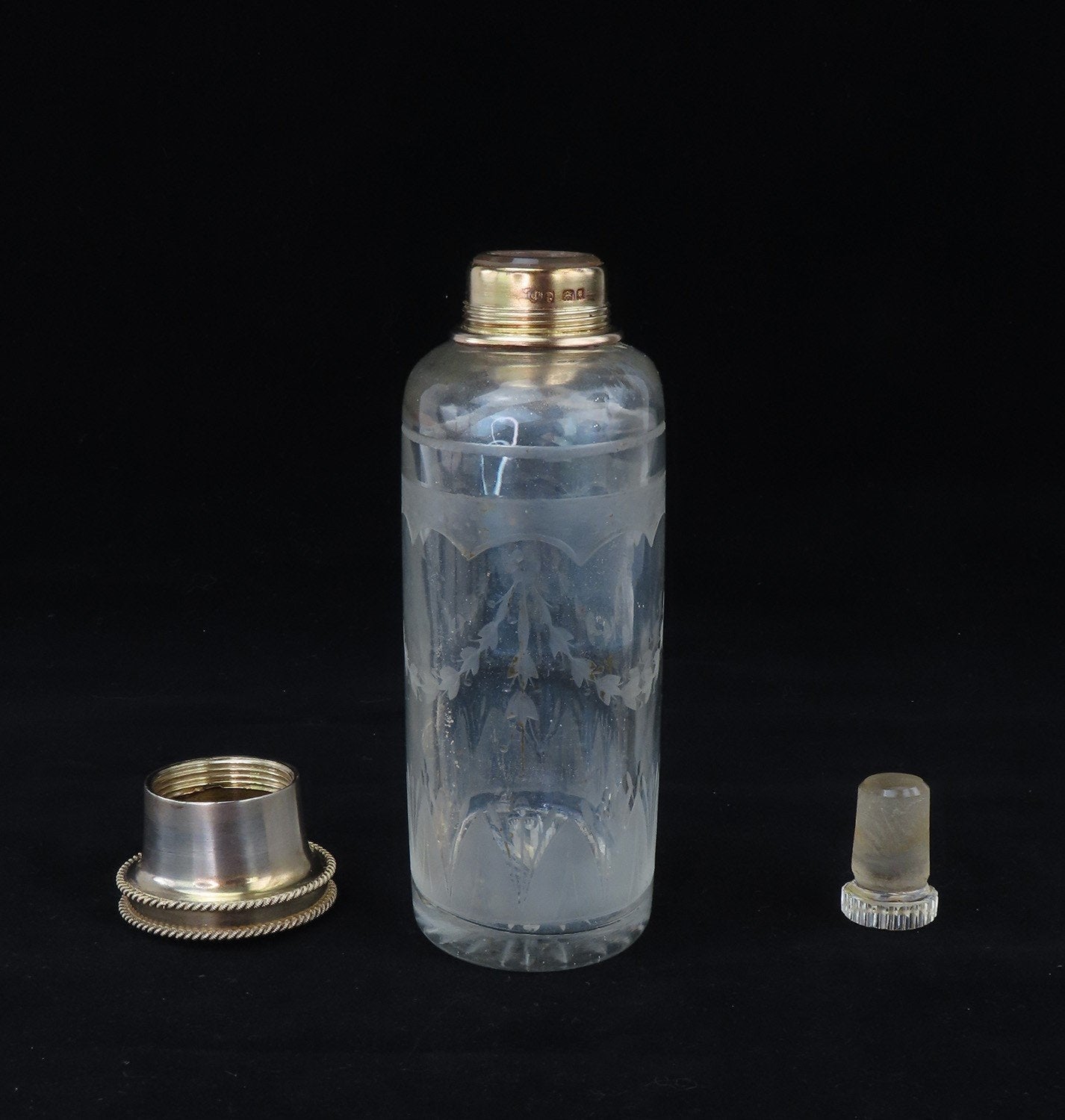 1926 English Sterling Silver Gilt Cut Frosted Glass Dresser Perfume Bottle