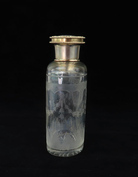 1926 English Sterling Silver Gilt Cut Frosted Glass Dresser Perfume Bottle