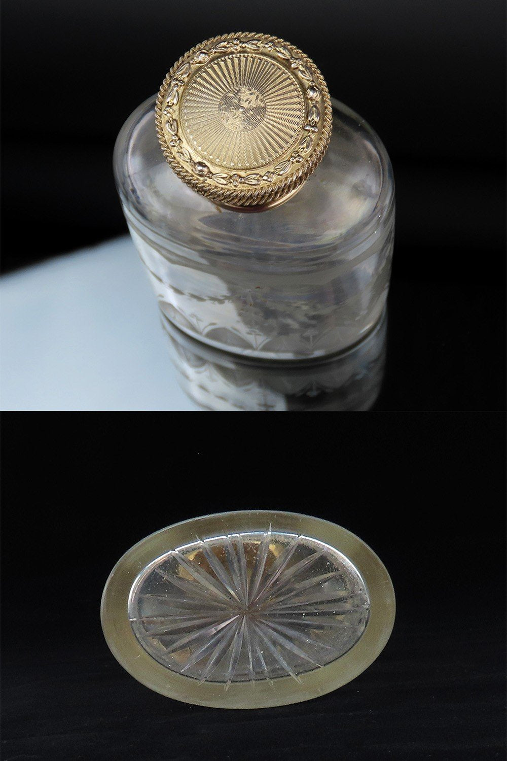 1926 English Sterling Silver Gilt Cut Frosted Glass Dresser Perfume Bottle