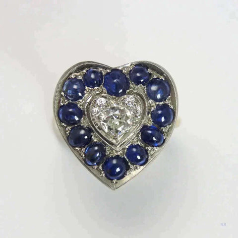 Vintage 1920's 14k Gold & Platinum Heart Ring w/ Diamonds Blue Sapphires sz 6.5