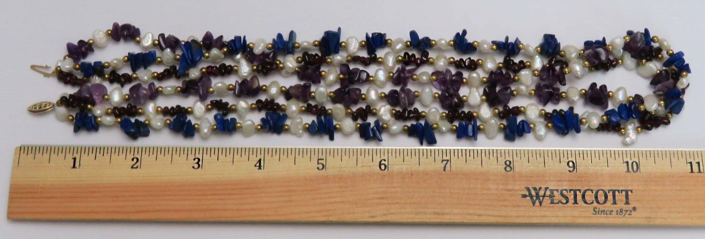 Modern Three Strand Amethyst Pearl Lapis & Garnet Necklace