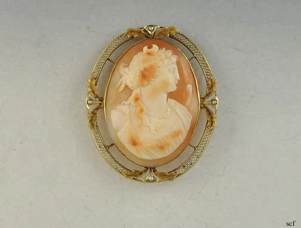 Antique 10K Gold Filigree Carved Cameo Pin/Brooch Pendant Goddess Diana