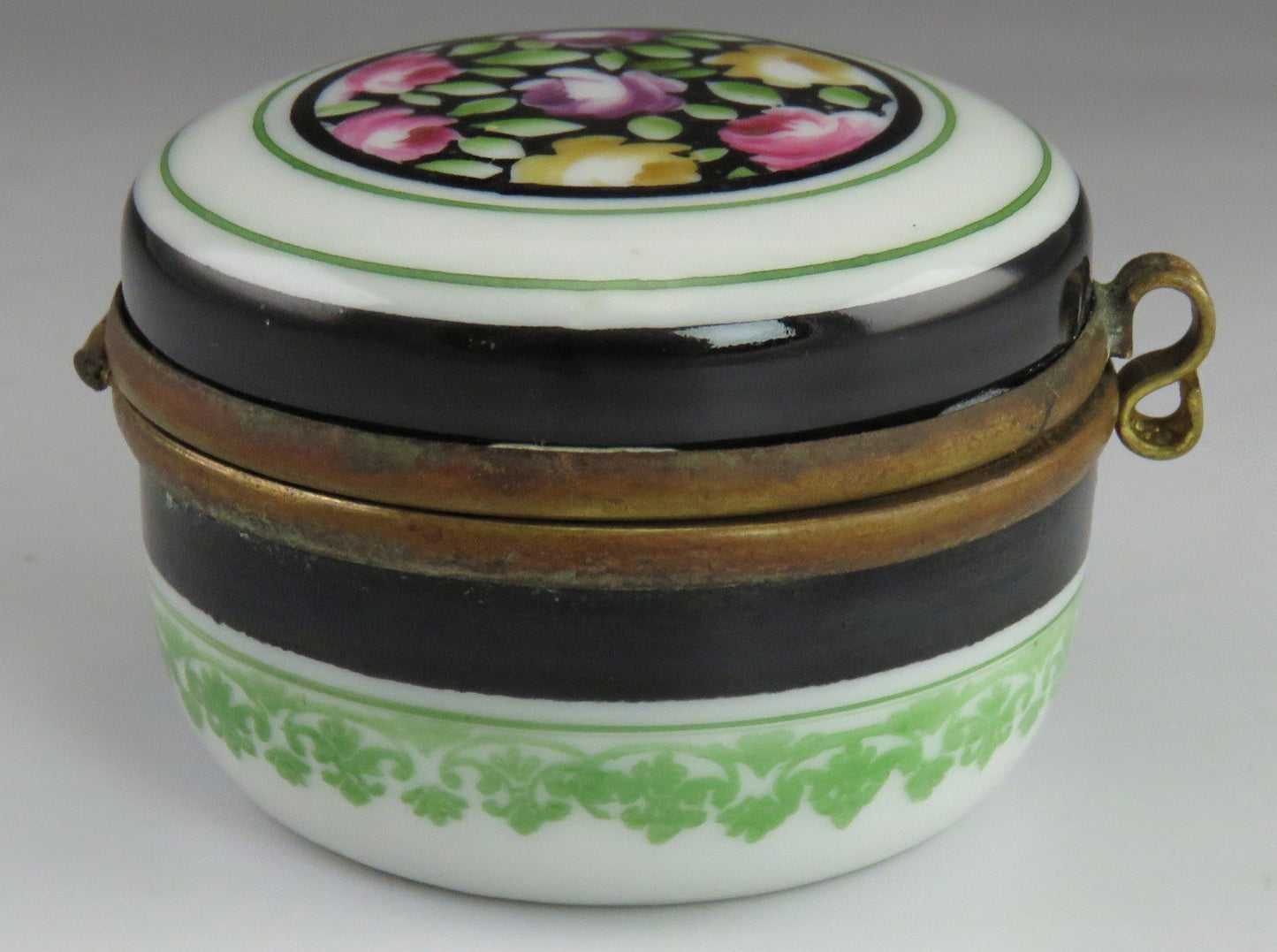 Early 1900's Antique Hand Painted Floral Porcelain and Brass Trinket Jewelry Box