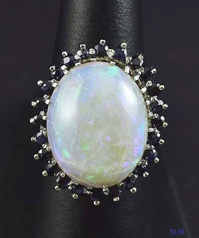 Stunning 14k White Gold Opal & Sapphire Ring Size 7