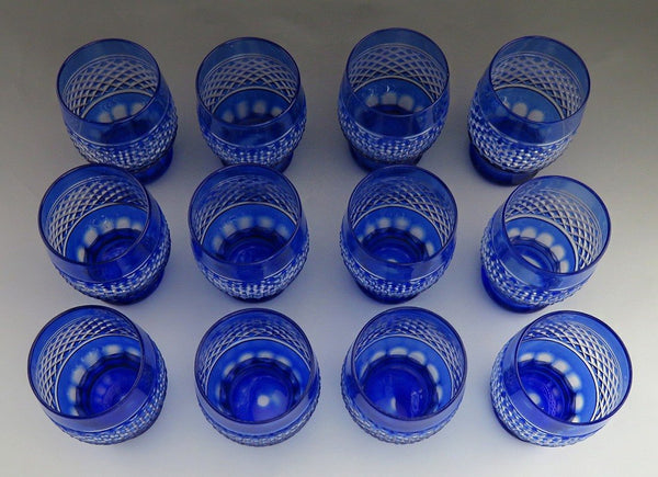 12 Antique Cobalt Blue Cut to Clear Diamond Pattern Tumblers/Glasses