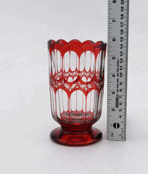 Lovely Antique Bohemian Ruby Overlay Clear Glass Footed Vase Ivy Design