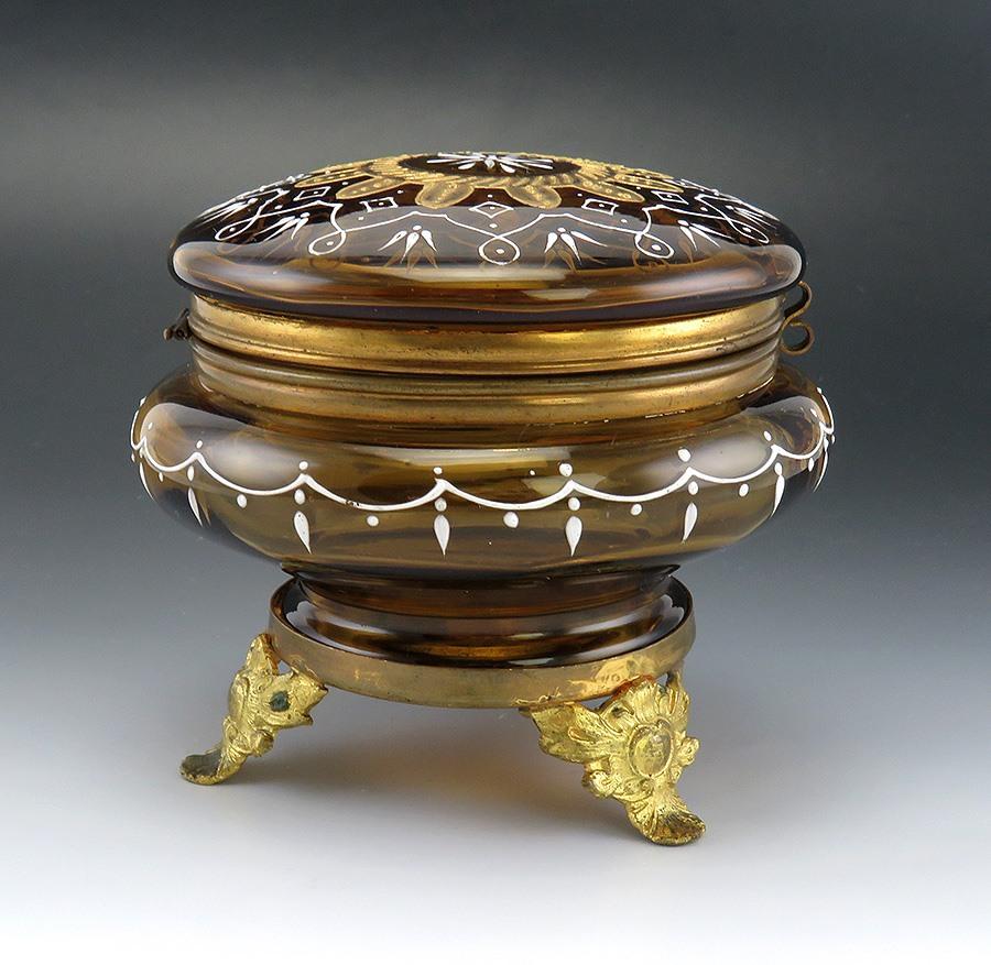 American Victorian Amber Glass Brass Impasto Enameled Dresser/Trinket/Vanity Box