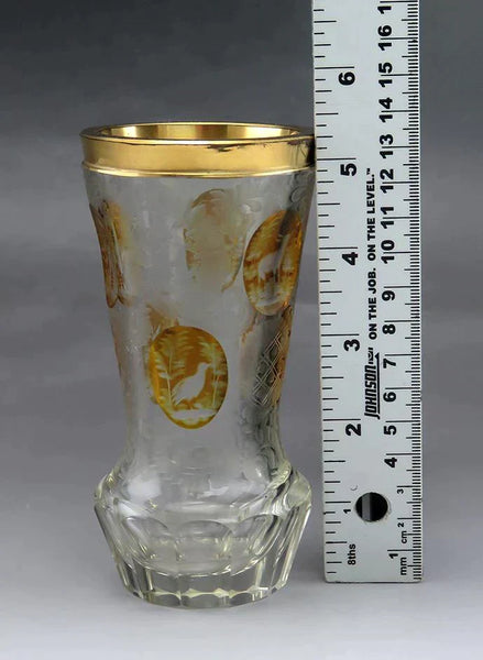 Antique Bohemian Frosted Amber Glass Thumbprint Flower Vase Gold Rim