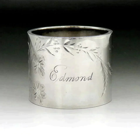 Pretty American Sterling "Edmond" mono Engraved Napkin Ring c. 1890s