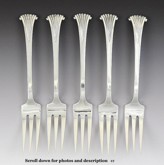 5 Tuttle Onslow Pattern Sterling Silver Forks - 7 3/8 inch, marked HT 1949-1953