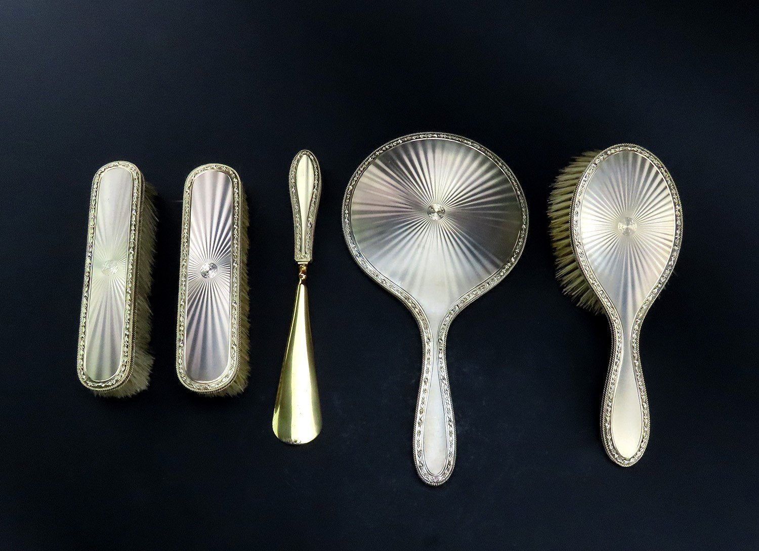 5pc 1926 English Sterling Silver Gilt Dressing Set Brush Mirror Shoehorn