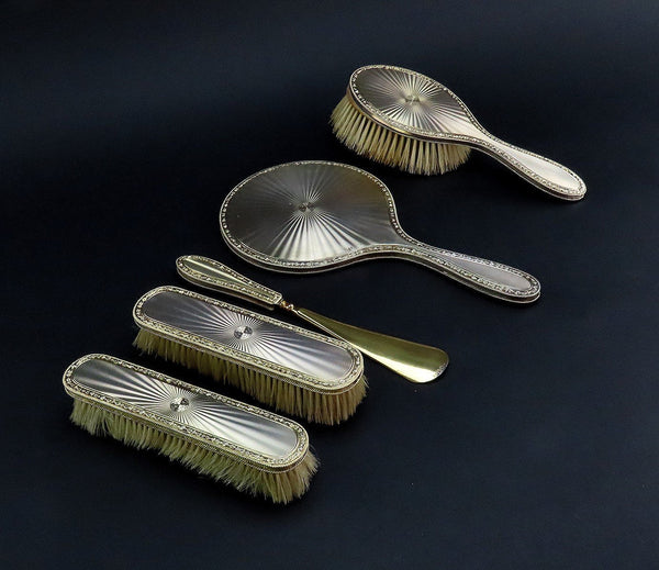 5pc 1926 English Sterling Silver Gilt Dressing Set Brush Mirror Shoehorn