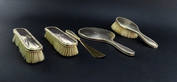 5pc 1926 English Sterling Silver Gilt Dressing Set Brush Mirror Shoehorn