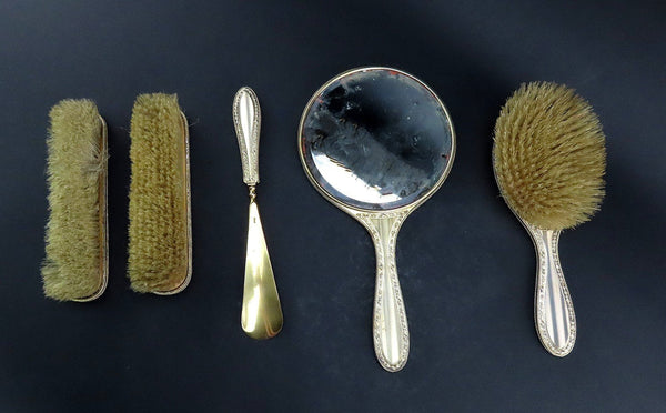 5pc 1926 English Sterling Silver Gilt Dressing Set Brush Mirror Shoehorn