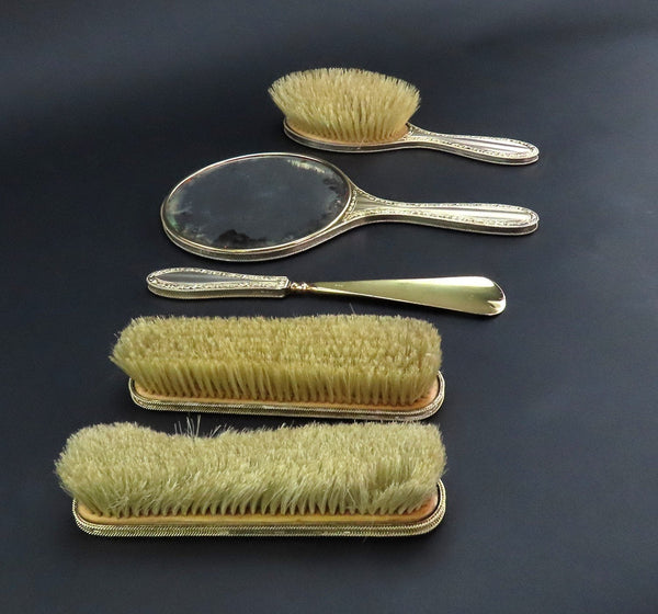 5pc 1926 English Sterling Silver Gilt Dressing Set Brush Mirror Shoehorn