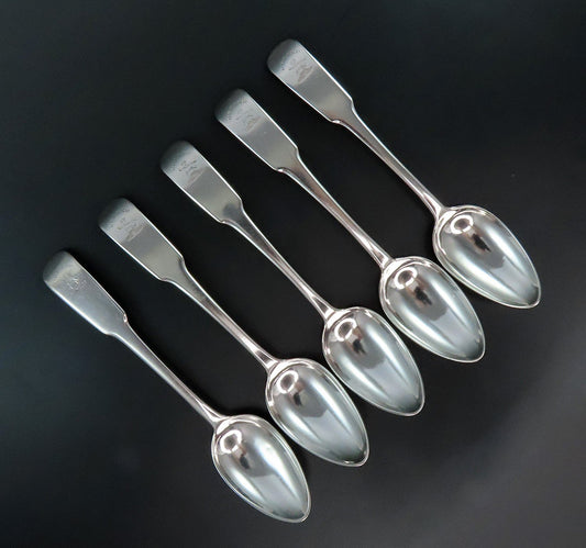 5 Scottish Sterling Silver Spoons Wood Family Crest DEFEND 7 inches