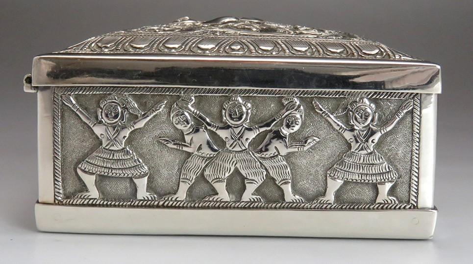 Antique Asian Silver Hand Chased Deity & Elephant Cigarette Box