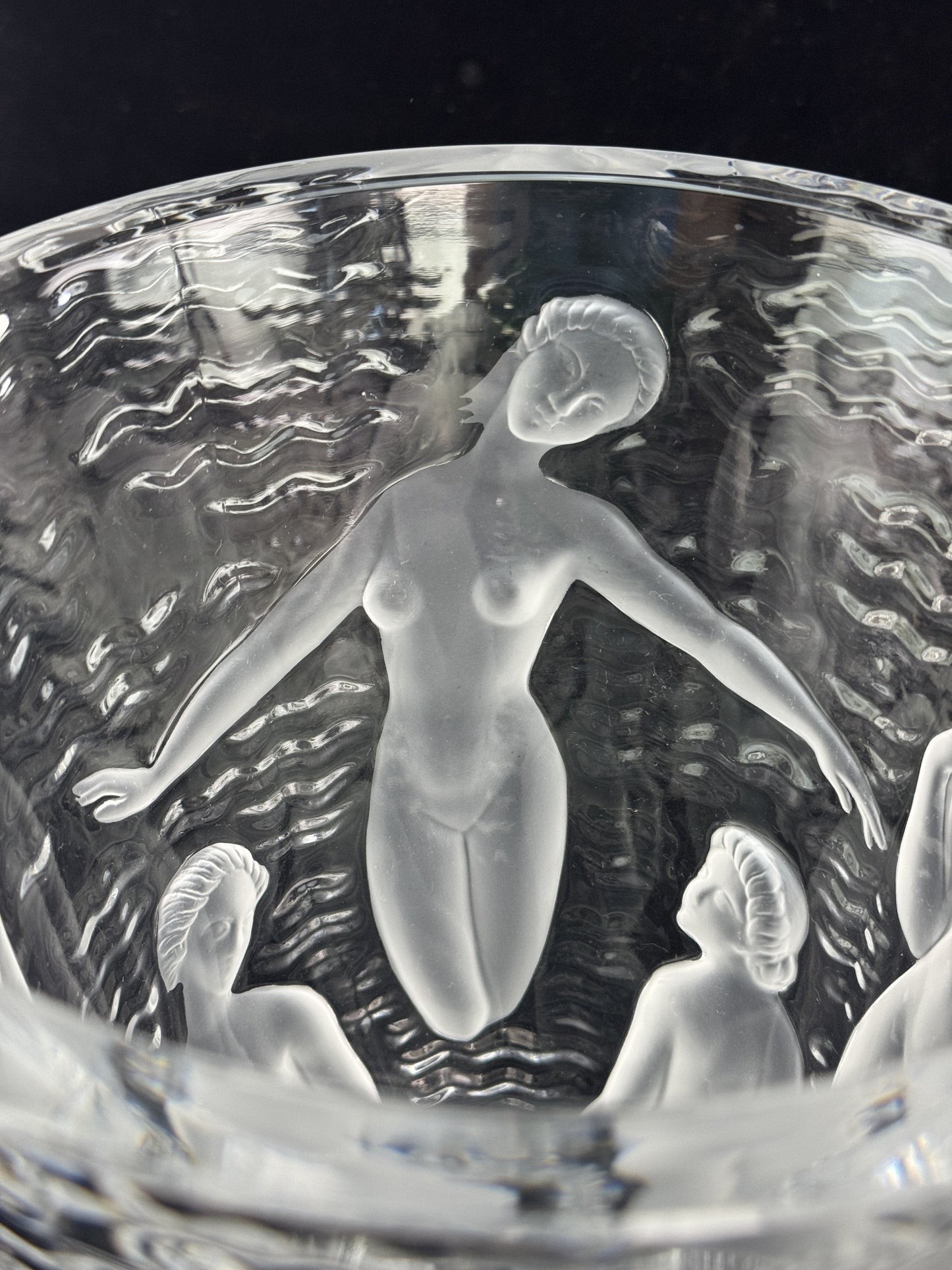 Stunning Signed Lalique Ondines Glass Frosted Nude Water Nymph Bathers 9.5" Vase