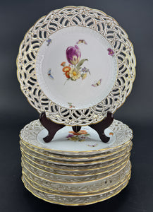 Set 9 c1890s KPM Reticulated Pierced 9" Hand Painted Plates Flowers Butterflies